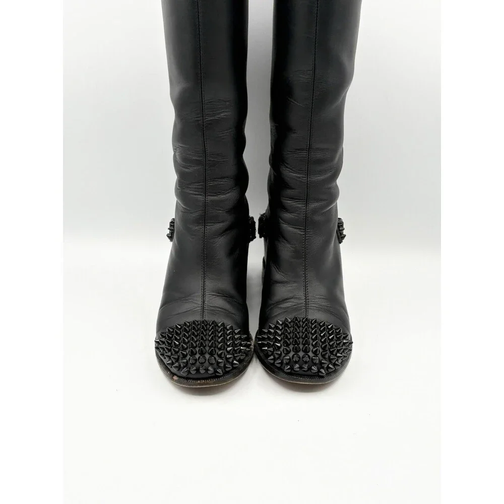 Christian Louboutin Black Leather Spike Cap Toe Egoutina Knee High Boots EU 35